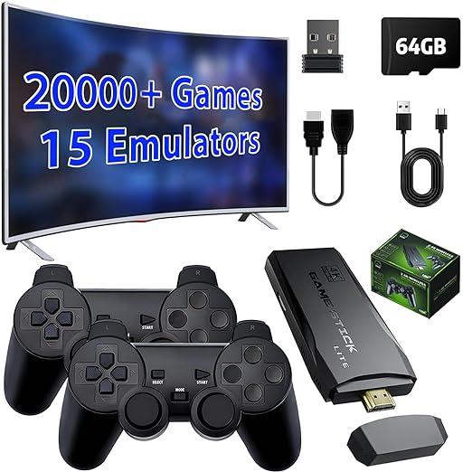 Upgrade Wireless Retro Game Console Stick, Retro Video Game Stick Built in 20000+ Games with 15 Emulators, 4K HDMI Output with 2 2.4G Wireless Controllers (64GB Memory Card) playstation playstation