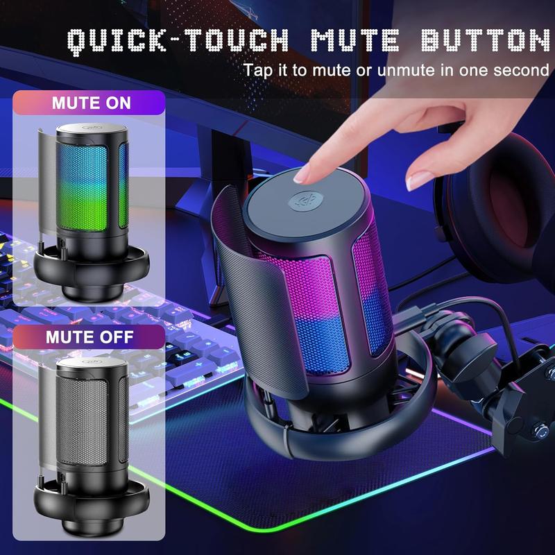 Gaming USB Micrphone,Noise Cancellation Condenser Mic with RGB Boom Arm,Podcast Microphones RGB Computer Mic,Streaming Microphone with Pop Filter,Mute Button,Gain for Recording,Discord,Youtube