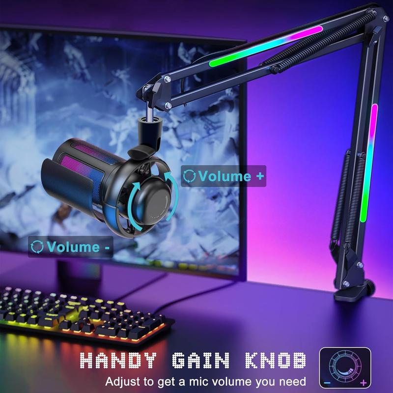 Gaming USB Micrphone,Noise Cancellation Condenser Mic with RGB Boom Arm,Podcast Microphones RGB Computer Mic,Streaming Microphone with Pop Filter,Mute Button,Gain for Recording,Discord,Youtube