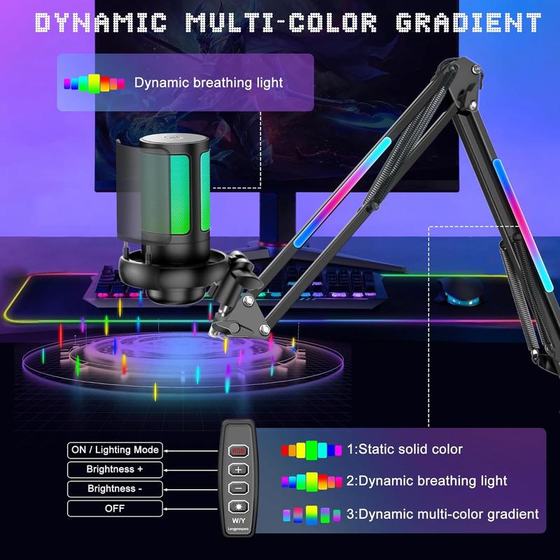 Gaming USB Micrphone,Noise Cancellation Condenser Mic with RGB Boom Arm,Podcast Microphones RGB Computer Mic,Streaming Microphone with Pop Filter,Mute Button,Gain for Recording,Discord,Youtube