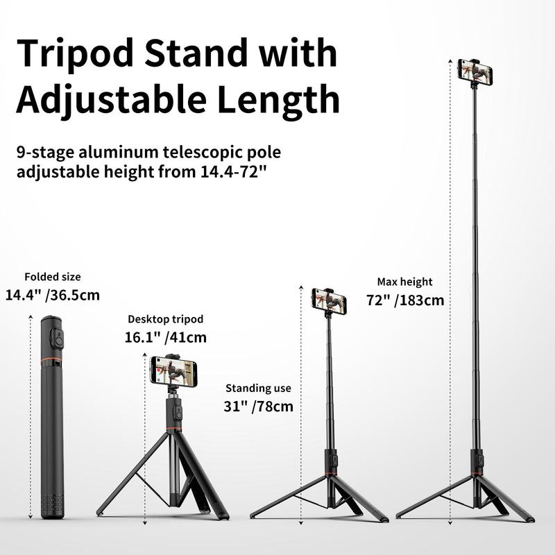 Phone Selfie Stick Tripod with Fill Light, 72 Inch Retractable Phone Tripod Stand with Wireless Remote Control for Video & Photography, Scalable Selfie Stick with Ring Light, Tripod for iPhone Cellphone Smartphone, Stocking Fillers Gift