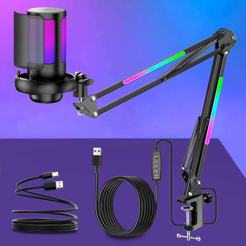 Gaming USB Micrphone,Noise Cancellation Condenser Mic with RGB Boom Arm,Podcast Microphones RGB Computer Mic,Streaming Microphone with Pop Filter,Mute Button,Gain for Recording,Discord,Youtube