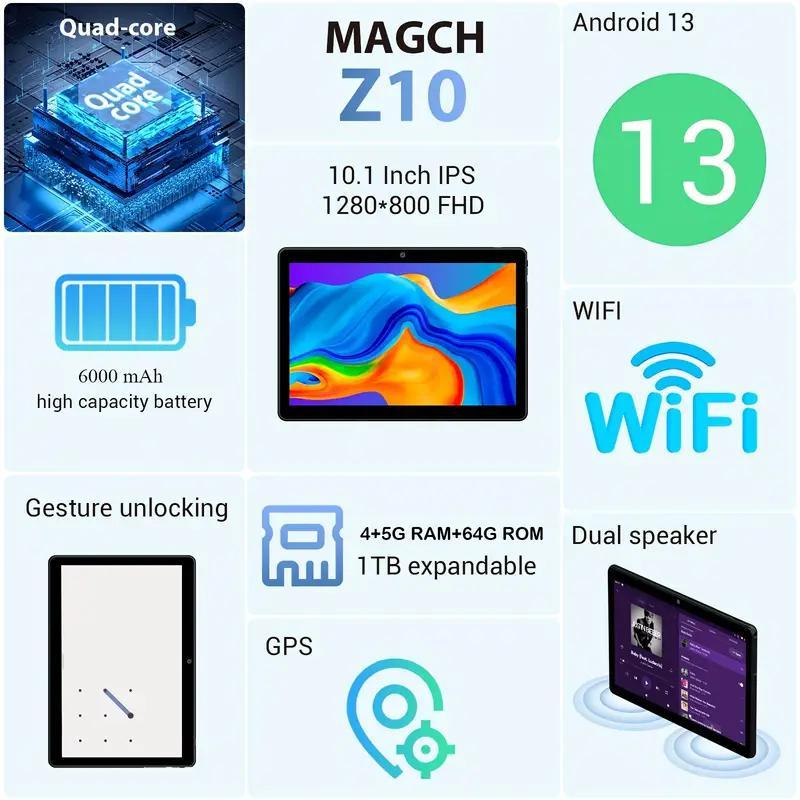 BlackFriday MAGCH 10 Inch Android 13 Tablet 2024, 4GB RAM, 64GB ROM, 5000MAh, Quad Core Processor, 2MP 5MP Camera, Type-C, Cheap 10inches Touchscreen Learning Smart Tabletpc With Case, Tiktok Shop Back To School Sale