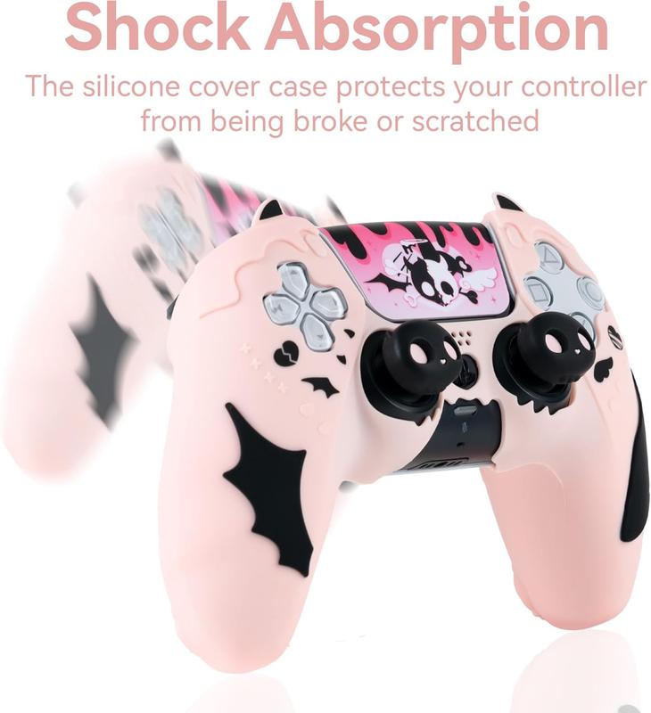 GeekShare PS5 Controller Skin Set,Anti-Slip Silicone Protective Cover Skin for PlayStation 5 Wireless Controller, with 2 Thumb Grip Caps and 2 Stickers - Sweetheart Skull Black   Pink