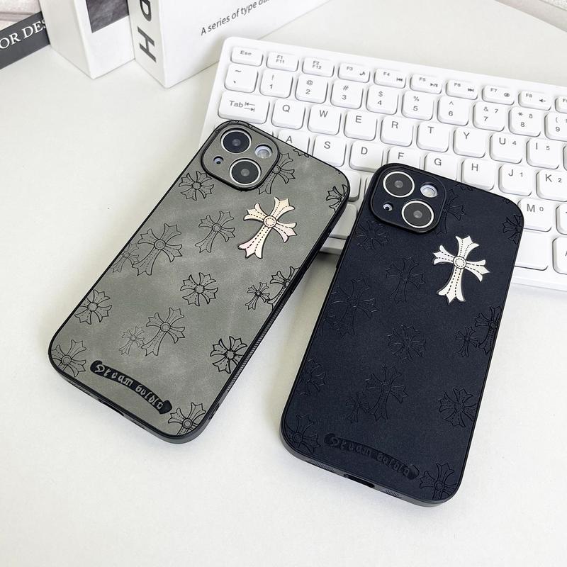 Cross logo leather phone case compatible with iPhone 16 15 14 13 Pro Max, iPhone 15 14Plus luxury pure plain leather ultra-thin business phone case 2024 6.1 inches (black)