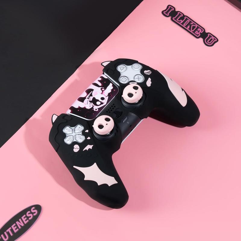 GeekShare PS5 Controller Skin Set,Anti-Slip Silicone Protective Cover Skin for PlayStation 5 Wireless Controller, with 2 Thumb Grip Caps and 2 Stickers - Sweetheart Skull Black   Pink