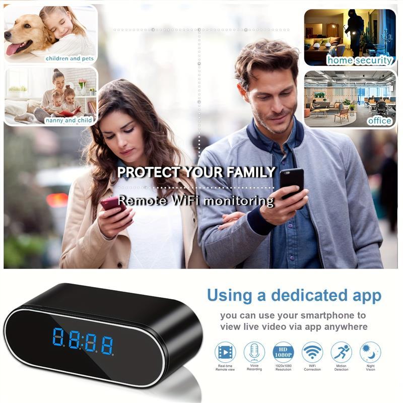 1Pcs WiFi HD Mini Camera With Clock, 2.4GHz WiFi 1080P Full HD Video Camera With Motion Detection Mode, Rechargeable Battery, Support App Wireless Remote Live View, Smart Security Camera With Night Vision,Indoor Family Warehouse Waterproof Installation