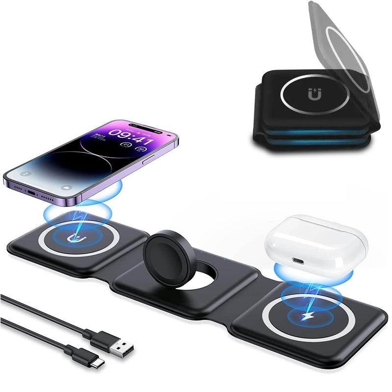 3 in 1 Wireless Charger for Apple Devices: Fodable 3 in 1 Charging Station for Multiple Apple Devices - Travel Charging Pad for Apple Watch iPhone 15 14 13 12 Pro Max Plus Apple Watch & Airpod Smartphone Cellphone Electronic