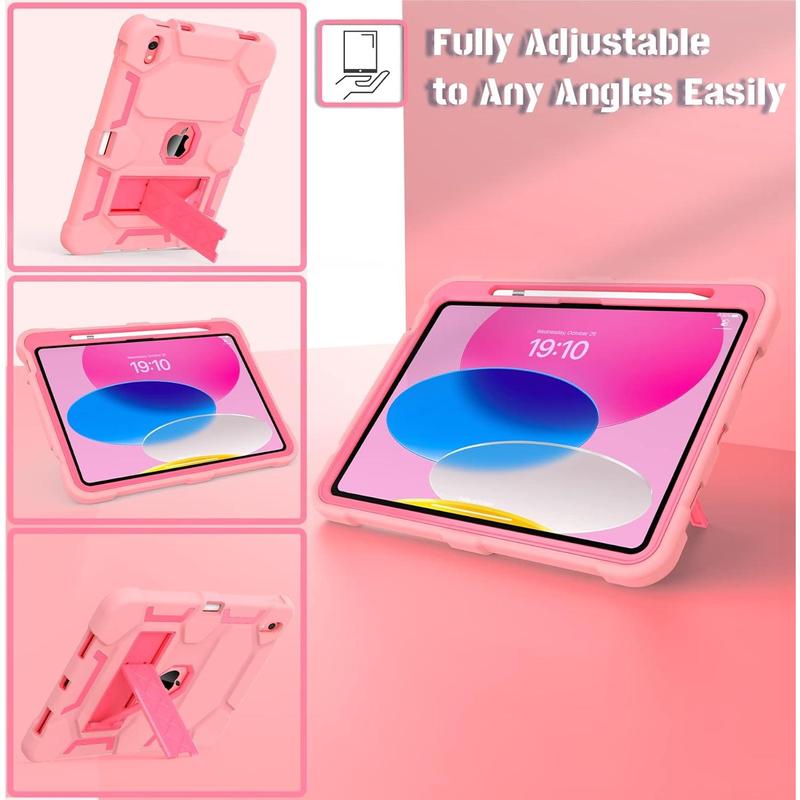 for iPad 10th Generation Case 10.9 Inch 2022, iPad 10 Case with Kickstand & Pencil Holder, Heavy Duty Shockproof Hybrid Three Layer Protective Cover, Rose +Rose