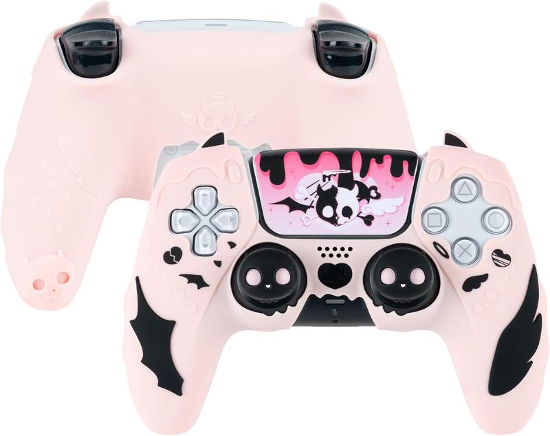 GeekShare PS5 Controller Skin Set,Anti-Slip Silicone Protective Cover Skin for PlayStation 5 Wireless Controller, with 2 Thumb Grip Caps and 2 Stickers - Sweetheart Skull Black   Pink