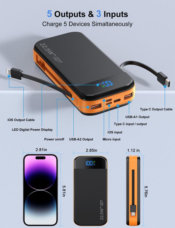 32000mAh built-in USB-C and IOS cable battery pack, LED digital display portable charger, 22.5W fast charging, PD20W power bank, 5 outputs and 3 input ports, essential power pack for outdoor activities & travel