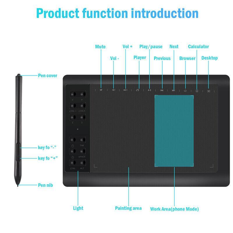 10x6 inch Digital Drawing Tablet HD Screen Graphics tablet with Battery-free Pen