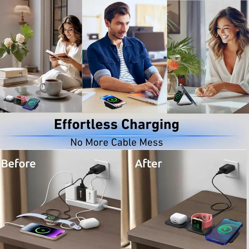 3 in 1 Wireless Charger for Apple Devices: Fodable 3 in 1 Charging Station for Multiple Apple Devices - Travel Charging Pad for Apple Watch iPhone 15 14 13 12 Pro Max Plus Apple Watch & Airpod Smartphone Cellphone Electronic