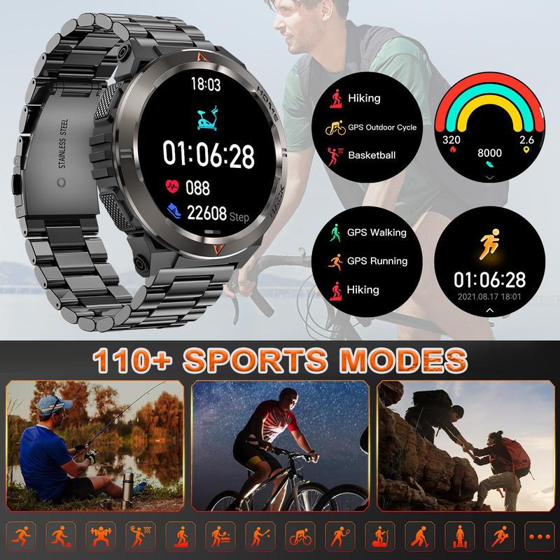 Compass Functional Sports Smartwatch for Men Women with GPS and uv light Flashlight Function, 530mAh Battery, Receive Dial Calls - Fitness Tracker with Outdoor Pedometer, 100+ Exercise Modes, Compatible with Android and iPhone.