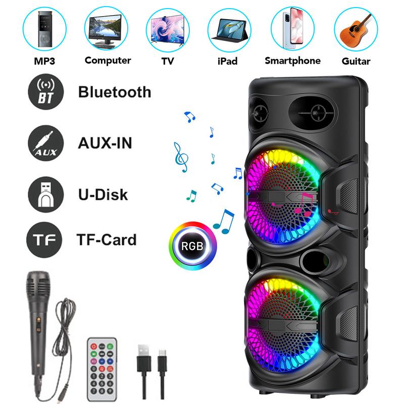 Portable Bluetooth Speaker Dual 8 inch Subwoofer Party Speaker Rechargeable With Microphone LED Light FM Remote