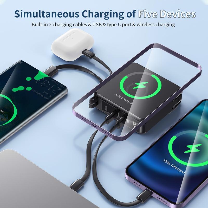 Portable Charger with built-in cables & AC wall plug, 10000mAh Wireless Charging (no-magnetic) power bank, PD 22.5W fast charging USB C battery pack compatible with iPhone, Android, Samsung