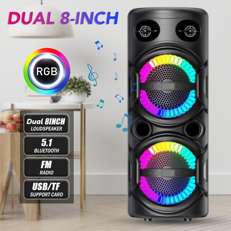 Portable Bluetooth Speaker Dual 8 inch Subwoofer Party Speaker Rechargeable With Microphone LED Light FM Remote