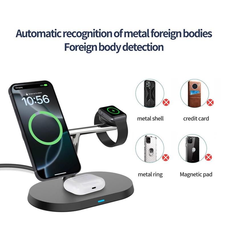 3 in 1 15W Magnetic Wireless Charger, Multifunctional Fast Charging Station, Wireless Charging Stand for iPhone 16 15 14 13 12 Apple Watch & AirPods Pro