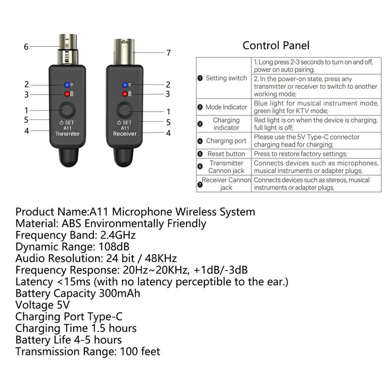 Wireless Microphone Transmitter Receiver, 1 Set 2.4GHz Wireless Microphone System, Rechargeable Wireless Mic Adapter for Audio Mixer Dynamic Mic Condenser Mic