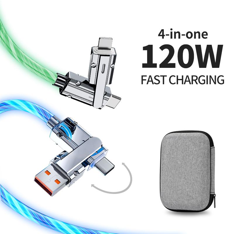 120W 4 In 1 Phone Charger Cable, USB A and Type C,Fast Charging Cable that Sparkles,Sync for Iphone,Ipad,Samsung And Laptops Smartphone Cellphone