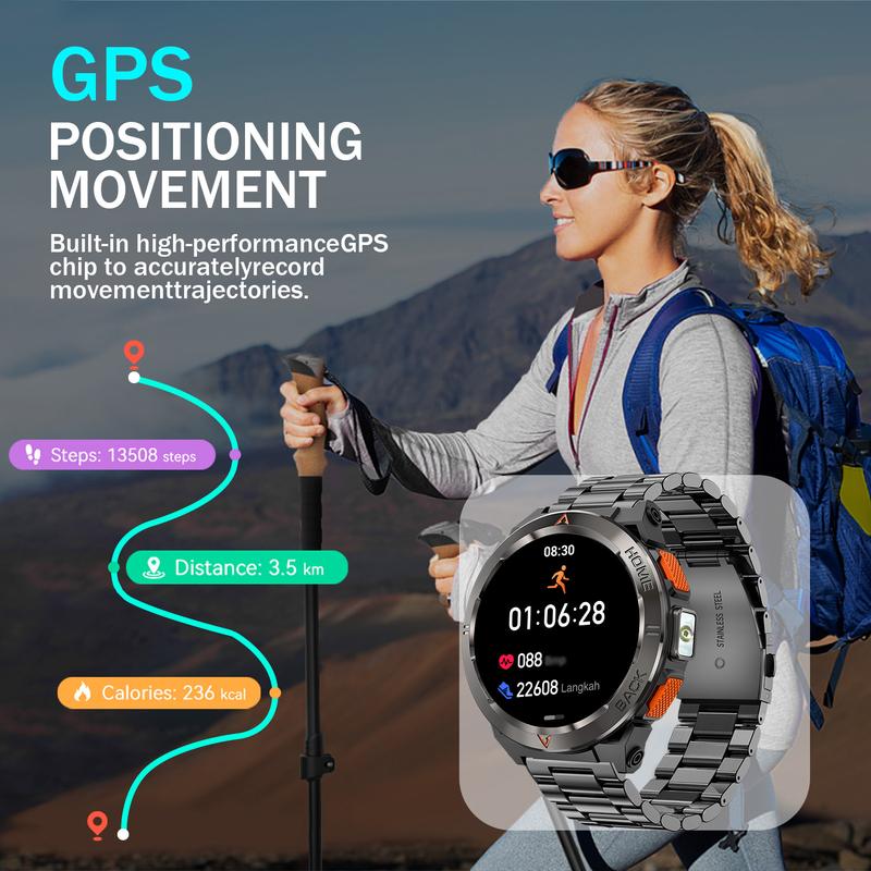 Compass Functional Sports Smartwatch for Men Women with GPS and uv light Flashlight Function, 530mAh Battery, Receive Dial Calls - Fitness Tracker with Outdoor Pedometer, 100+ Exercise Modes, Compatible with Android and iPhone.