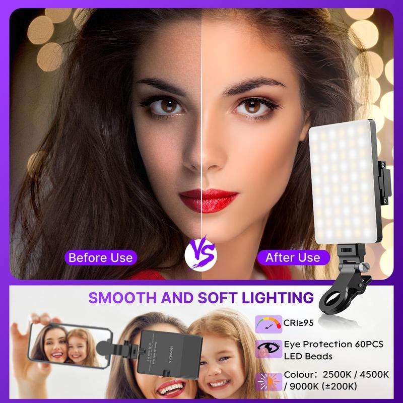 LED Selfie Light, 60 LED 3000mAh Rechargeable Phone Fill Light with 3 Light Modes, 10-Level Brightness, Portable Light with Front & Back Clip for Video Conference, , Phone, iPhone, IPad, Laptop, Makeup, Live Stream, Vlog