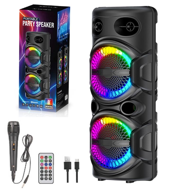 Portable Bluetooth Speaker Dual 8 inch Subwoofer Party Speaker Rechargeable With Microphone LED Light FM Remote