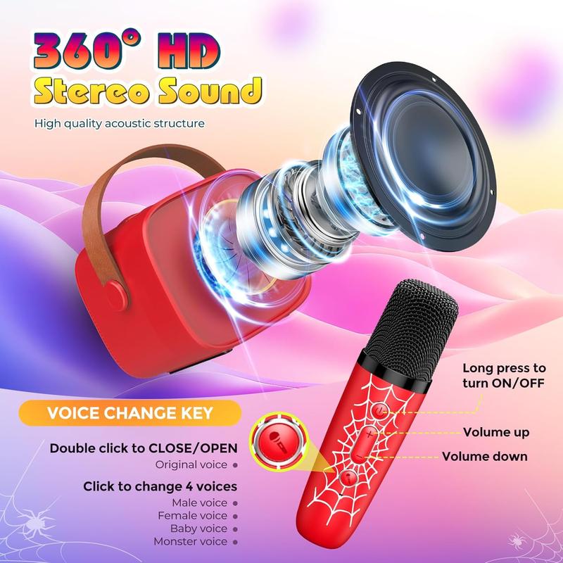 Spider Karaoke Machine for Kids Ages 3-12: Mini Portable Bluetooth Speaker with 2 Wireless Microphones LED Light Toys Christmas Birthday Gifts for Boys Girls 4 5 6 7 8 9 10+ Year Old Boy Girl Kid