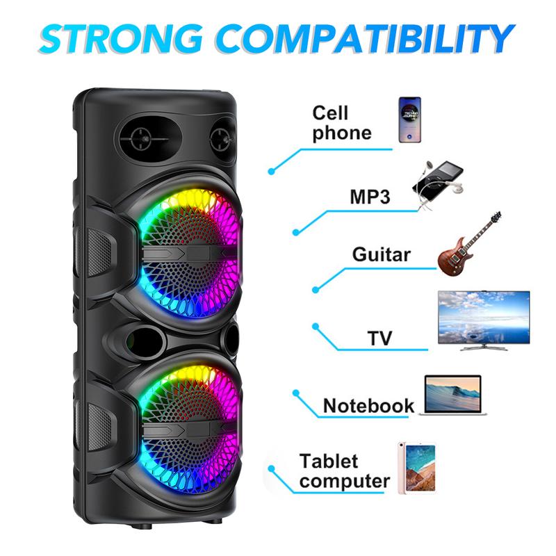 Portable Bluetooth Speaker Dual 8 inch Subwoofer Party Speaker Rechargeable With Microphone LED Light FM Remote