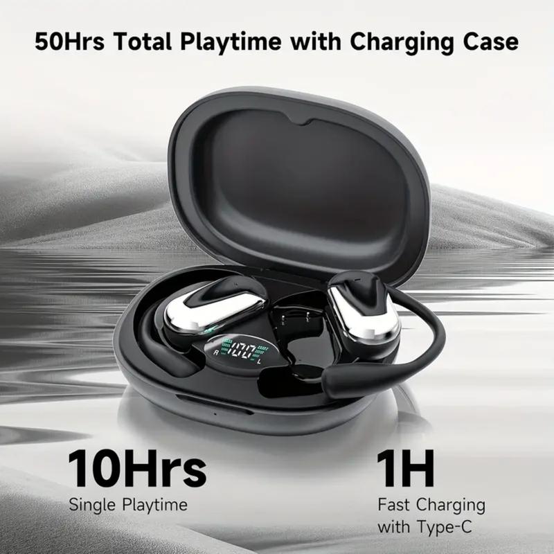 True Wireless Earbuds - BT5.4, Noise Cancelling Earphones with Earhooks, Pure Bass Sound, LED Display, Built-in Microphone, Volume Control, and Wireless Charging Case for Exercising and Video Games Audio Headphones Electronic Headset Chargeable