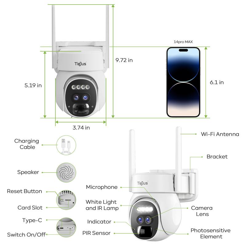 TIEJUS Security Cameras Wireless Outdoor, 2K Solar WiFi Cameras for Home Security Outside, Battery Powered Surveillance Camera,Cloud  Memory Card