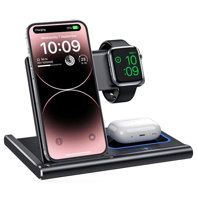 EXW 3 in 1 Wireless Charging Station for Multiple Devices 15W fast charging stand for iPhone15 14 13 12 11 Series AirPods Pro 3 2 & Apple Watch [UL-Listed] (Black) magnetic phone