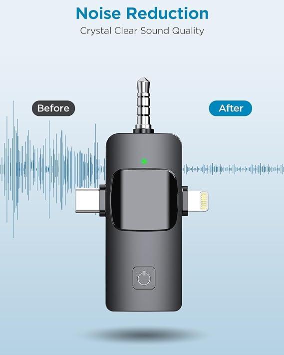 4 in 1 Wireless Microphone for iPhone, Camera, Android, iPad, USB C Microphone, 2.4G Ultra-Low Delay Cordless Smartphone