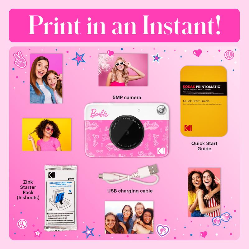 Barbie x Kodak Printomatic 2x3” Instant Print Camera, 5MP Portable Instant Camera - Signature Style camera  for Kids and Adults