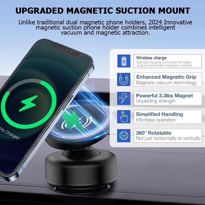 360° Rotatable 15W Fast Charging Magnetic Cell Phone Holder, Electric Vacuum Strong Suction Car Phone Mount for Magsafe iPhone & Android