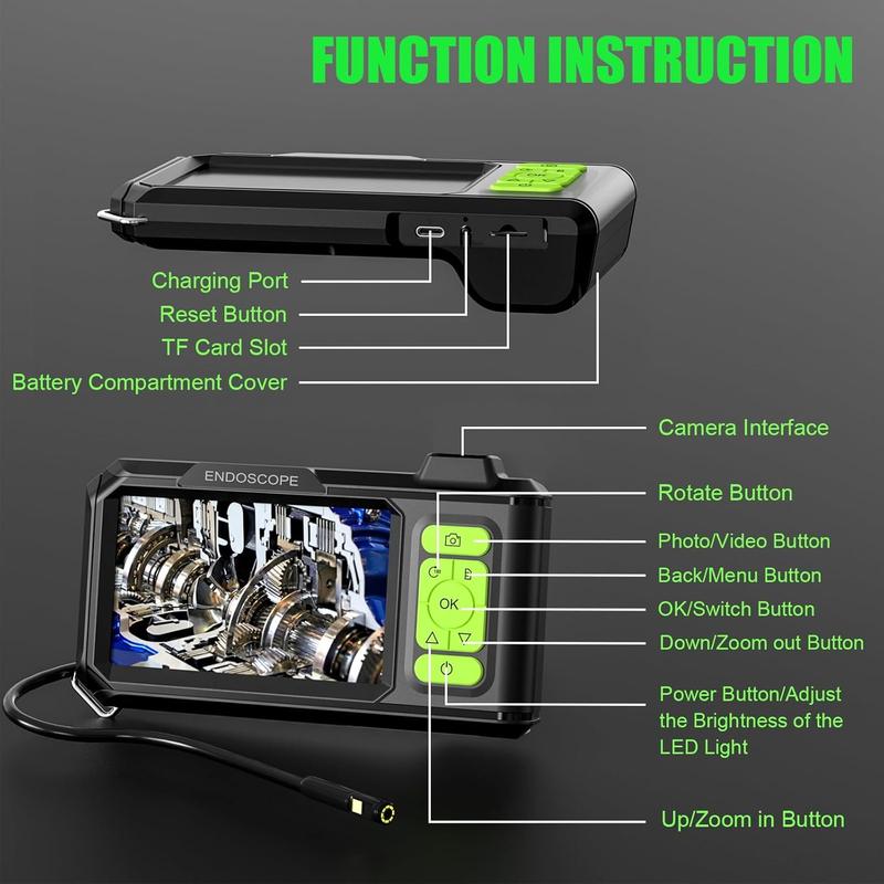 Dual Lens Industrial Endoscope Camera, 1080P Digital Borescope Inspection Camera with Light, 4.3 Inch Digital Video, 7.9mm IP67 Waterproof Scope Camera, 16.5FT Semi-Rigid Cable, 32GB Card