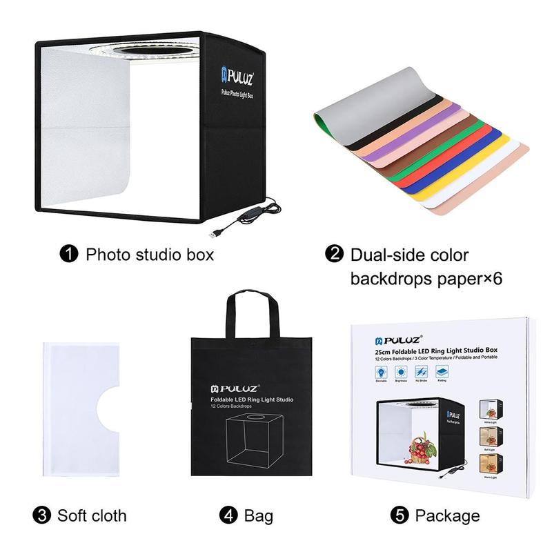 PULUZ Portable Foldable Ring Light Box, LED Portable Foldable Photography Studio Box with 6pcs Colorful Backdrops Paper, Professional Camera Accessories for Home & Outdoor Use