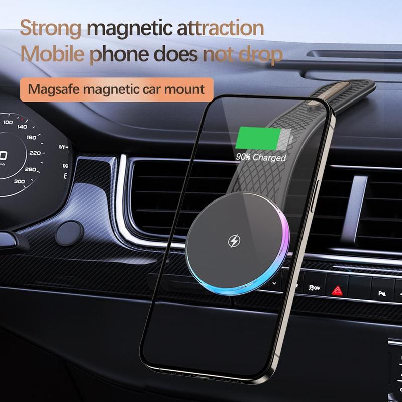 15W Car Folding Magnetic Wireless Charger, Car Phone Holder with Ambient Light, Suitable for Car, Home and Other Scenarios