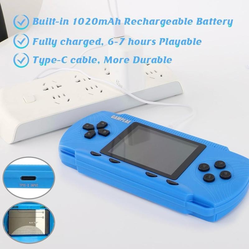 Handheld Games for Kids, Handheld Game Console Built-in 258 HD Classic Retro Games Rechargeable Battery, 3.0'' Large Screen, TV Output Retro Game Console Birthday Xmas Toy Gift for Boys Girls, (Blue) Cable Shell Protection