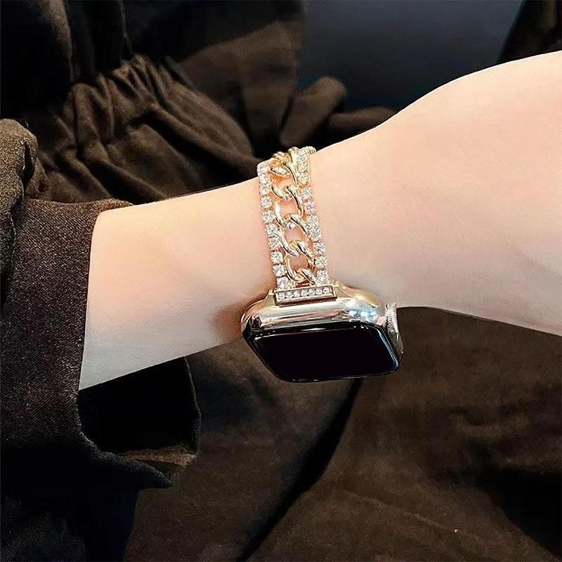 Rhinestone Decorated Watch Band With Double Row Fine Diamond Hollow, Fashionable Watch Band for Women & Men, Replacement Watch Band Compatible with Apple Watch Series 8 7 6 5 4 3 2 1 SE