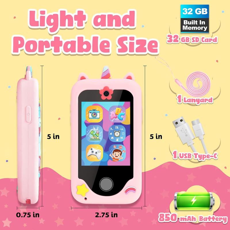 Kids Smart Phone for Girls - Built-in 32GB Faster Speed Play Phone | Long Lasting 850mAh Battery | 1080p Dual Camera Mini Phone | Unicorn Kids Cell Phone | Mini Kids Phone for Girls Ages 8-10