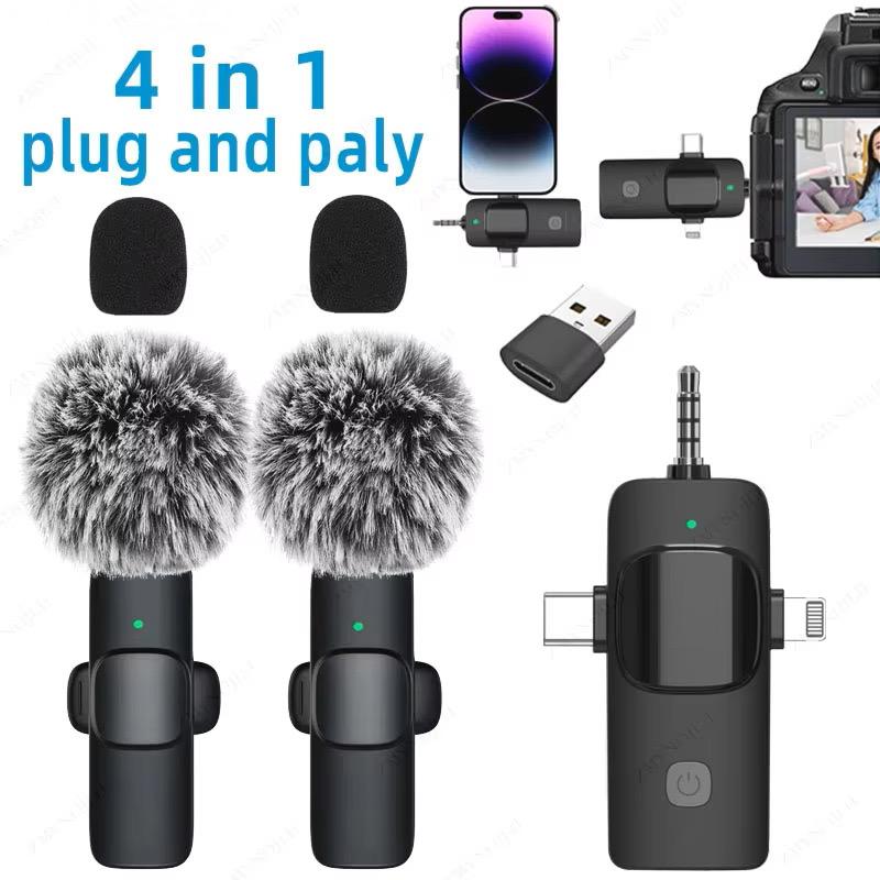 4 in 1 Wireless Microphone for iPhone, Camera, Android, iPad, USB C Microphone, 2.4G Ultra-Low Delay Cordless Smartphone