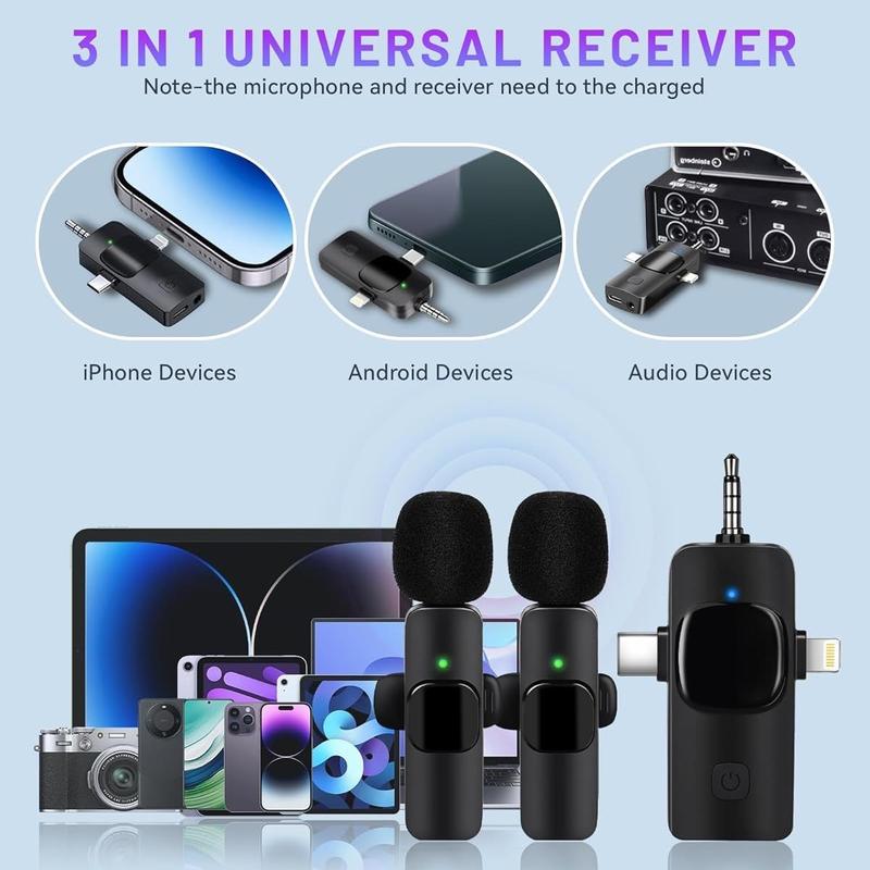 4 in 1 Wireless Microphone for iPhone, Camera, Android, iPad, USB C Microphone, 2.4G Ultra-Low Delay Cordless Smartphone