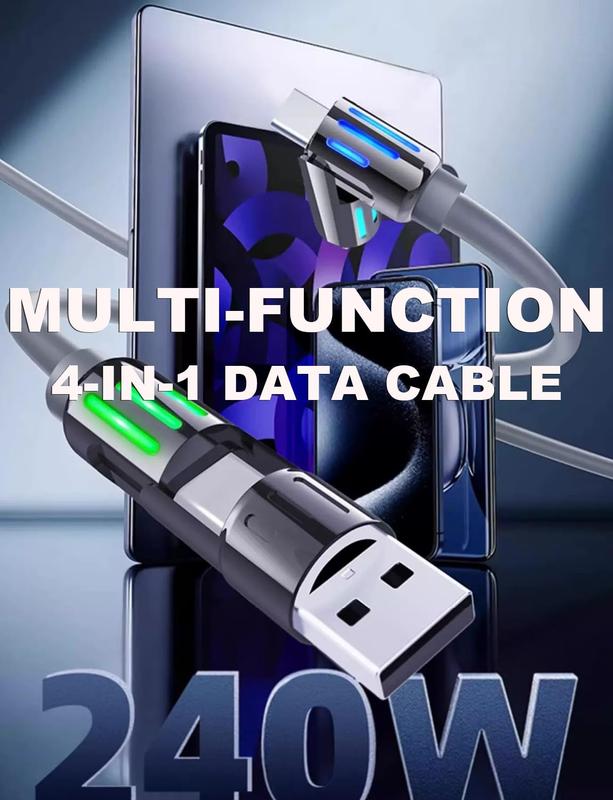 4-in-1 USB Charging Cable, fast charging cable USB A+ TYPE C + Lightning Multi national aluminum alloy cable management suitable for iPhone 16 15 14 Samsung Galaxy, Android Phones & Tablets iPad Pro Smartphone Cellphone Mobile Electronic