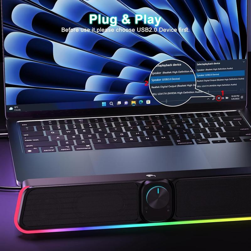 Computer Speakers - Wired USB   Computer Sound Bar with RGB & Volume Knob, HiFi Stereo Portable Gaming Sound Bar Speaker for Desktop Monitor, PC, Laptop, Tablets,  Air Pro